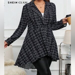 SHEIN Black and White Checkered Long Sleeve Dress